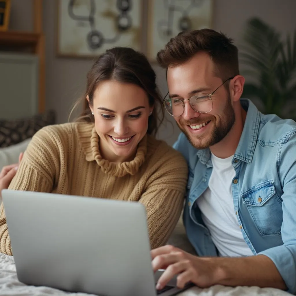 Happy couple reviewing portfolio